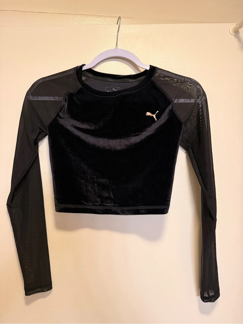 Puma Black Velvet Long-Sleeve Crop Top with Mesh Sleeves